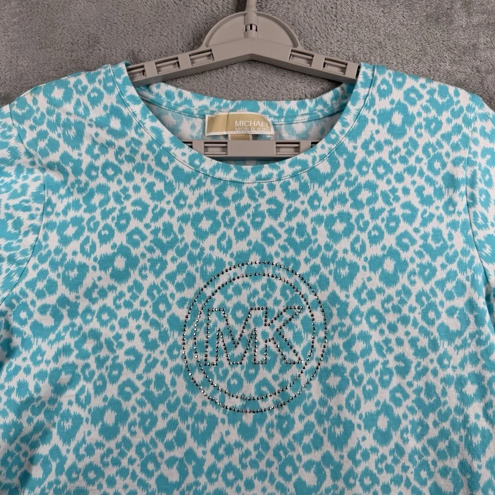 Michael Kors Top XL Blue Cheetah Rhinestone Shirt Summer Spring‎ Vacation Cruise